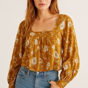 Free people gold cropped floral tie back long sleeve square neck